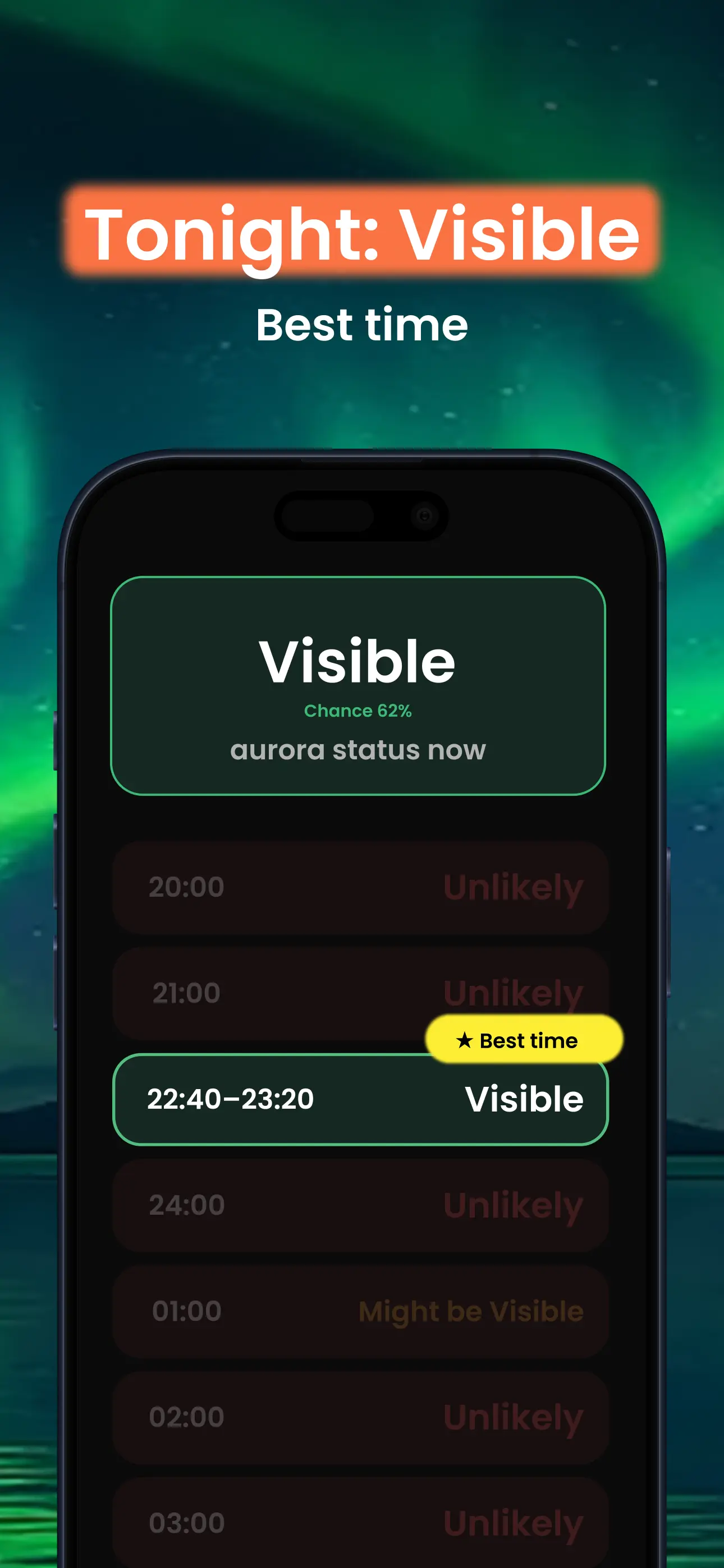 AuroraMe app smart alerts - Go outside in 60 min notification